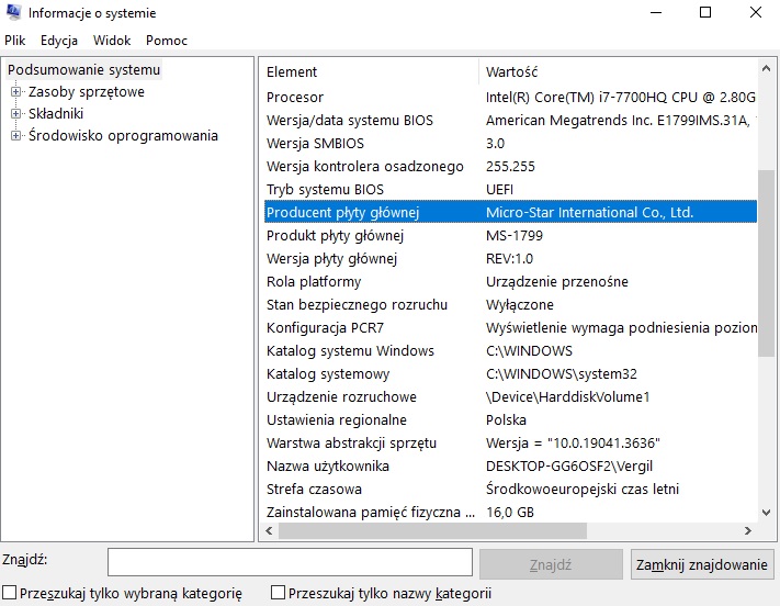 Okno „informacje o systemie” pozwala nam w łatwy sposób sprawdzić producenta i model płyty głównej w naszym komputerze. Źródło: własne / Windows 10. - Jak sprawdzić, jaką mam płytę główną? Opisujemy najprostsze sposoby - wiadomość - 2024-08-30