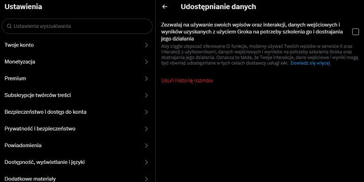 Ustawienia dotyczące sztucznej inteligencji. Źródło: X. - X podzieli losy Mety? UE przygląda się polityce szkolenia AI na podstawie danych użytkowników - wiadomość - 2024-07-27