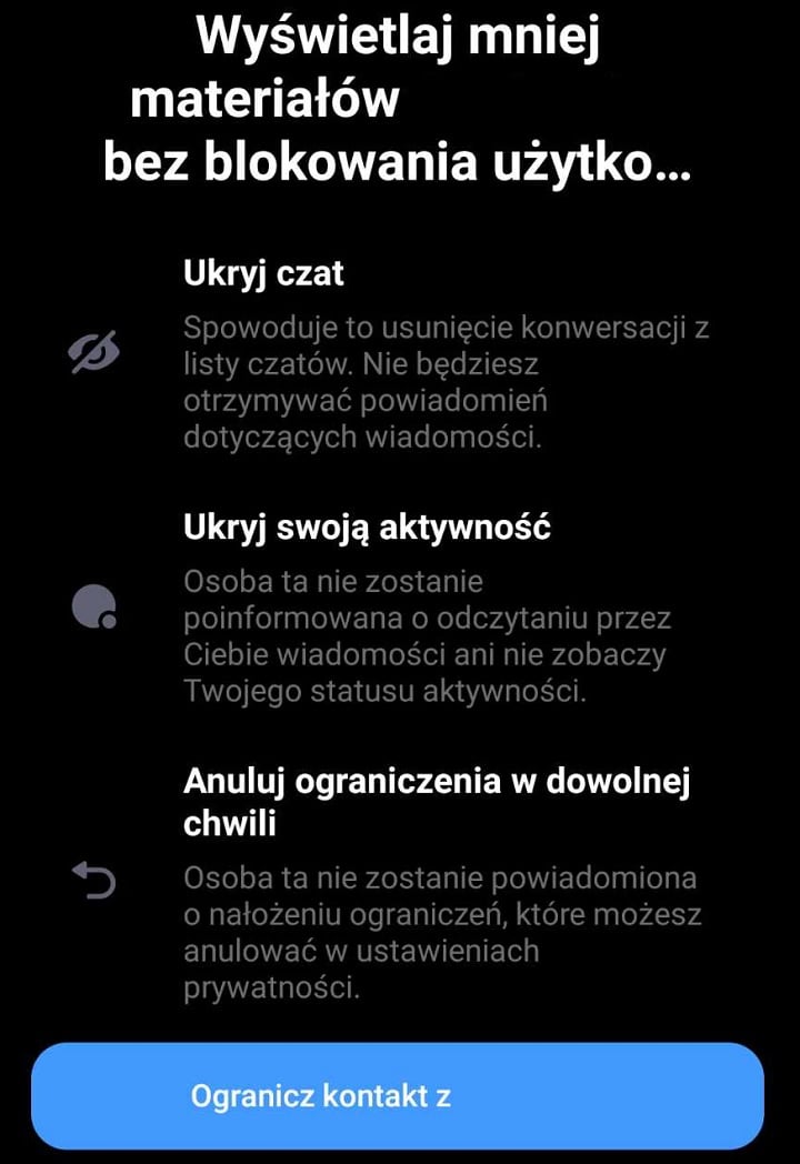 Ograniczenie kontaktu z daną osobą to mniej drastyczny sposób na usunięcie jej z listy swoich czatów. Źródło: własne. - Jak usunąć osobę z Messengera? Podajemy najprostsze sposoby - wiadomość - 2024-11-15