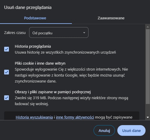 Proces usuwania danych przeglądania w aplikacji Chrome sprowadza się do kilku kliknięć. Źródło: własne.