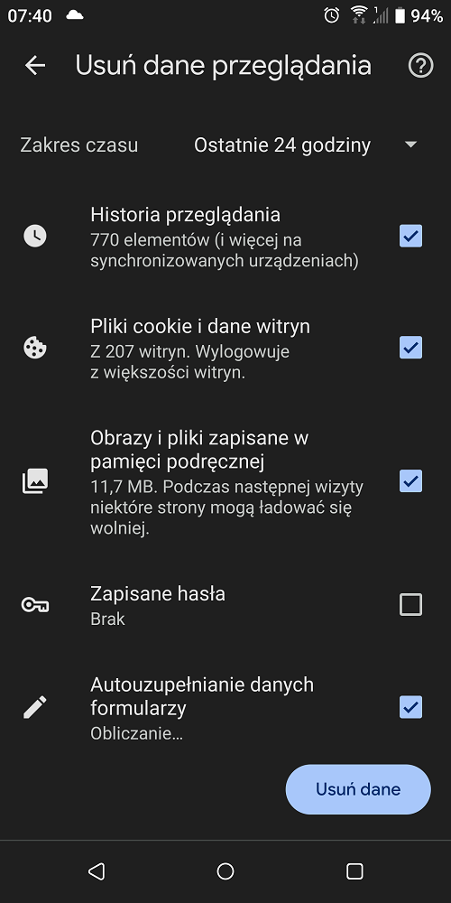 Na urządzeniu mobilnym czyszczenie cache w Chrome przebiega niemal identycznie, jak na komputerze. Źródło: własne.