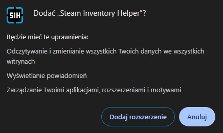 Już pierwszy rzut okiem na uprawnienia wymagane przez Steam Inventory Helpera powinien wystarczyć, by zapaliła nam się w głowie lampka ostrzegawcza. Źródło: własne.