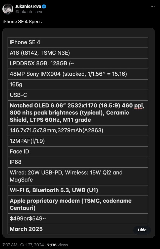 Nieoficjalna specyfikacja techniczna iPhone’a SE 4. Źródło: Jukanlosreve / X.