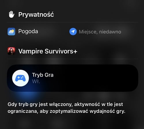 Choć Game Mode w iOS 18 uruchamia się automatycznie, możemy również wyłączyć go, a następnie aktywować ręcznie. Źródło: własne.