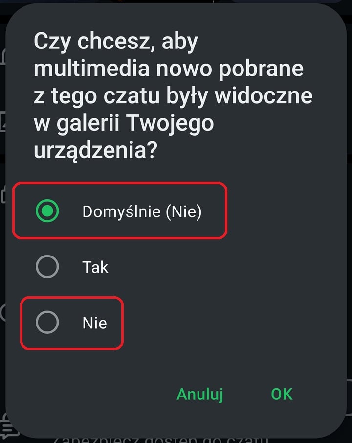 Wyłączanie zapisywania zdjęć w pojedynczym czacie. Źródło: własne. - Jak wyłączyć zapisywanie zdjęć i filmów w WhatsApp? Opisujemy krok po kroku - wiadomość - 2024-12-02