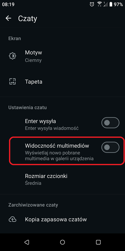 Wyłączanie zapisywania multimediów w WhatsApp na Androidzie. Źródło: własne.