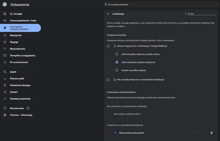 Ustawienia lokalizacji w Google Chrome na komputerze. Źródło: własne. - Sprawdzanie lokalizacji w Chrome - jak ustawić? Odpowiadamy - wiadomość - 2024-12-31
