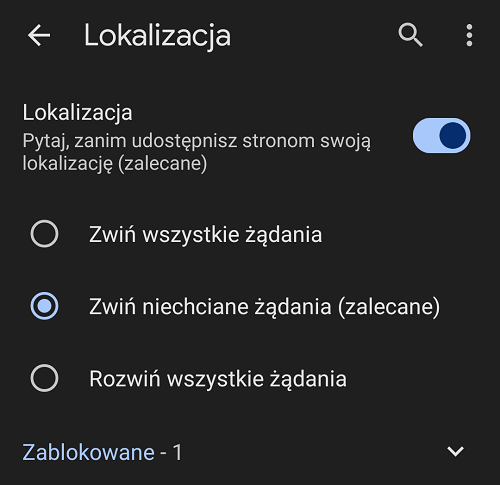 Ustawienia lokalizacji w Google Chrome na urządzeniu mobilnym. Źródło: własne.