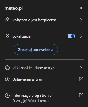 Sprawdzanie uprawnień witryny w Google Chrome. Źródło: własne.