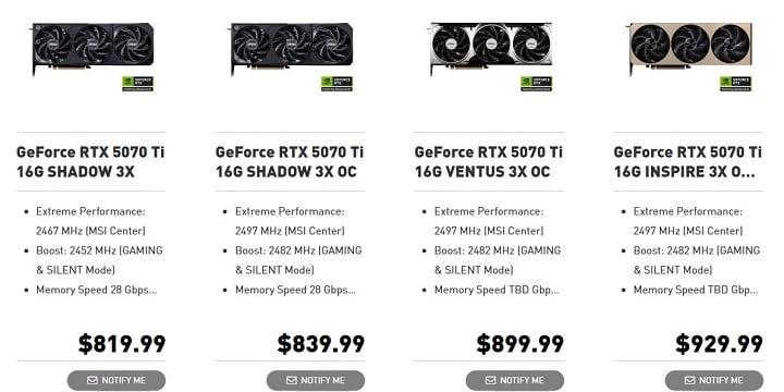 Ceny RTX-ów 5070 Ti opublikowane przez VideoCardz. Źródło: VideoCardz. - Zamieszanie z cenami RTX-ów 5070 Ti od MSI. Producent ugiął się pod krytyką graczy? - wiadomość - 2025-03-04