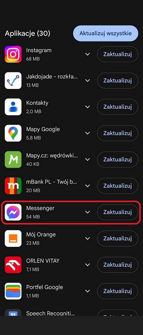 Ręcznej aktualizacji Messengera można dokonać z poziomu Google Play. Źródło: własne.