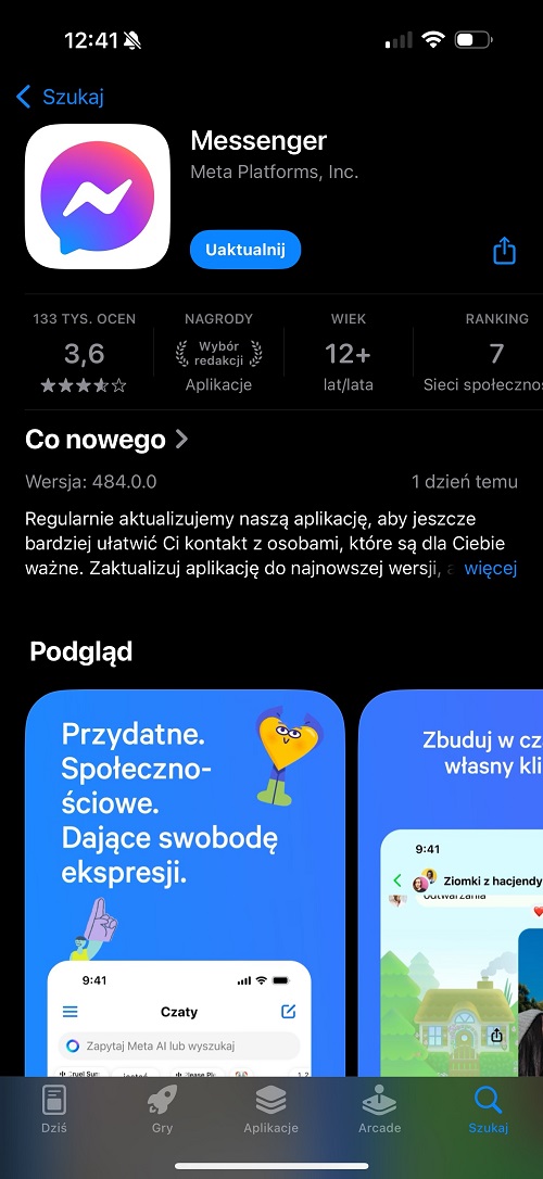 Na iOS Messengera zaktualizujemy z poziomu App Store’a. Źródło: własne.