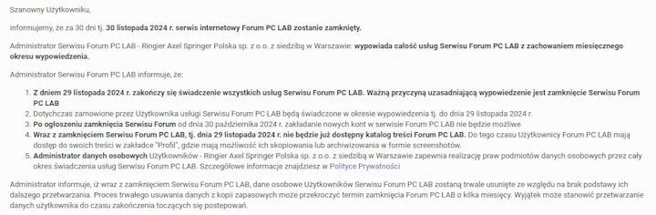 Komunikat widniejący na forum PCLab | Źródło: PCLab