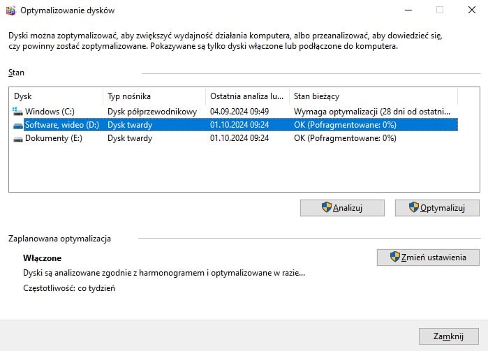 W systemie Windows 10 znajdziemy narzędzie do defragmentacji dysków. Źródło: własne. - Defragmentacja dysku w Windows 10. Ile powinna mieć przebiegów? Czy jest użyteczna? Odpowiadamy - wiadomość - 2024-10-08