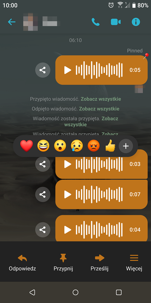 Przypinanie wiadomości w aplikacji Messenger. Źródło: własne.