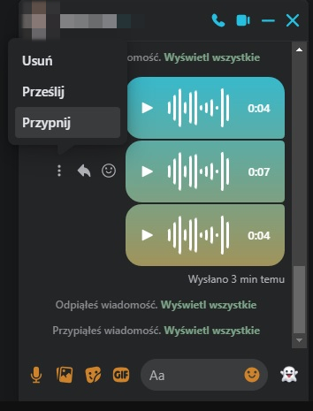 Przypinanie wiadomości w Messengerze na stronie Facebooka. Źródło: własne.