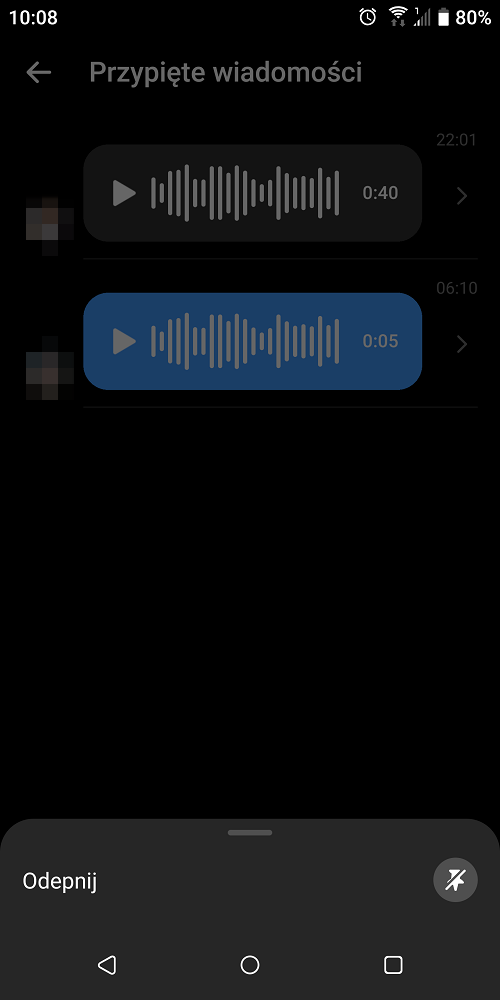 Odpinanie wiadomości w Messengerze. Źródło: własne.