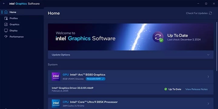 Aplikacja Intel Graphics Software. Źródło: Intel. - Nowa aplikacja i generator klatek - Intel wykłada na stół wszystkie karty i goni konkurencję - wiadomość - 2024-12-04