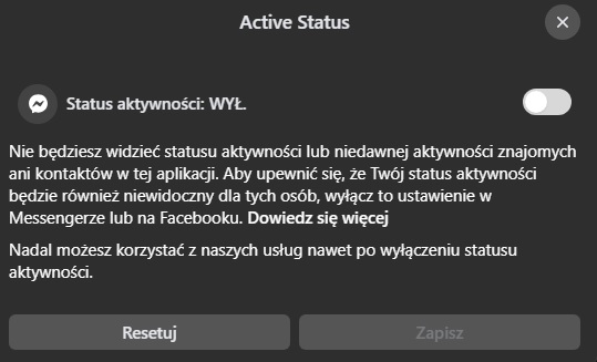 Ustawianie statusu aktywności w Messengerze z poziomu przeglądarki. Źródło: własne.