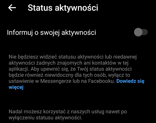 Wyłączanie statusu aktywności na urządzeniu mobilnym. Źródło: własne.