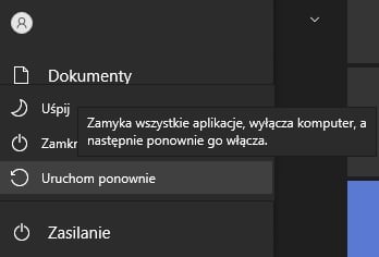 Wystarczy przytrzymać klawisz Shift w trakcie kliknięcia w ten przycisk, by rozpocząć procedurę uruchamiania Windowsa w trybie awaryjnym. Źródło: własne.