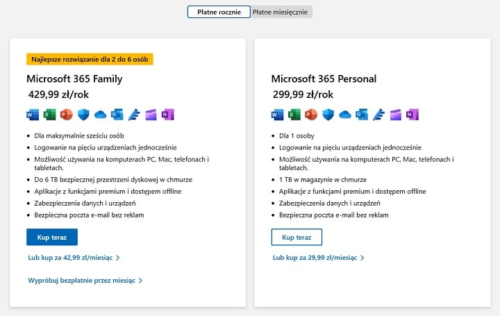 Pakiet Microsoft 365 można opłacać w planie rocznym lub miesięcznym. Źródło: Microsoft. - Microsoft Office - cena. Sprawdzamy, ile kosztuje Microsoft 365 - wiadomość - 2025-01-03