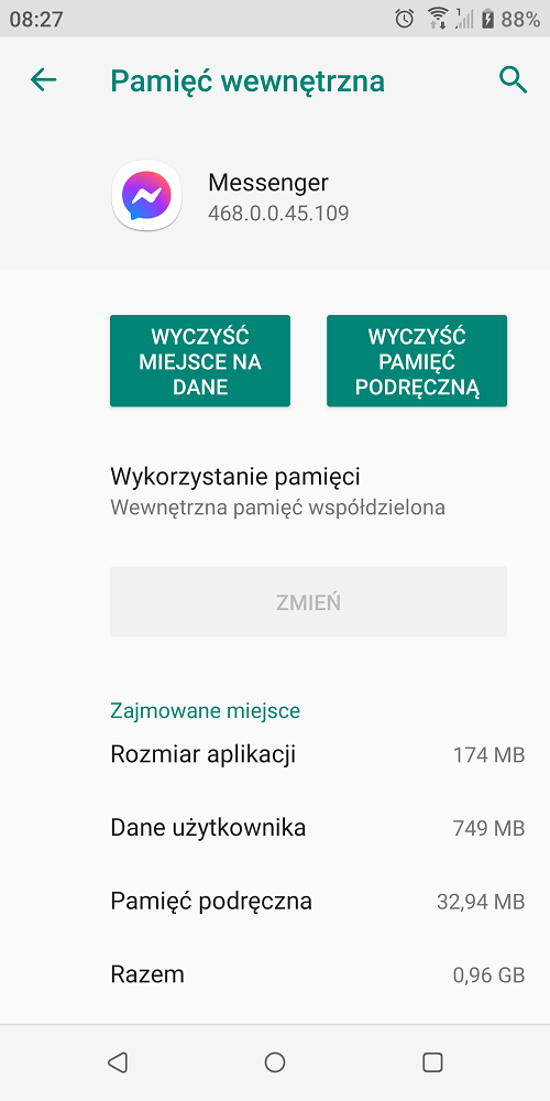 Wyczyszczenie pamięci podręcznej aplikacji Messenger na Androidzie często rozwiązuje problem z niewysłanymi wiadomościami. Źródło: Android / własne.