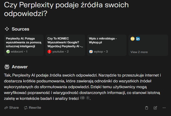 Łatwy dostęp do źródeł to jedna z zalet Perplexity. Źródło: Perplexity / własne.