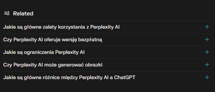 Powiązane tematy podsuwane przez Perplexity pozwalają nam pogłębić wiedzę na temat danego zagadnienia. Źródło: Perplexity / własne.