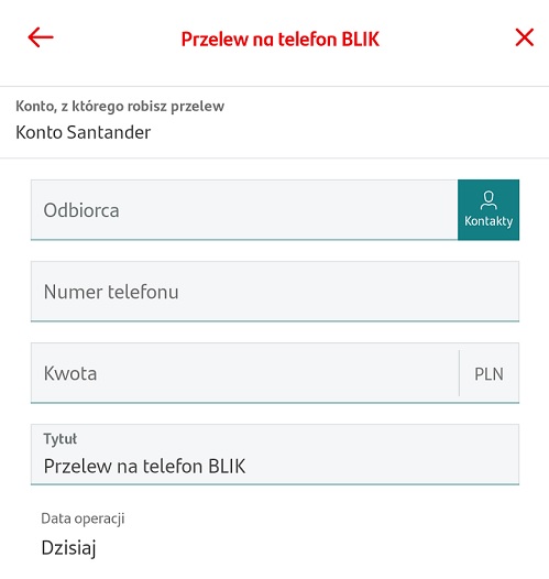 Ekran wykonywania przelewu na telefon BLIK w aplikacji Santander. Źródło: własne.