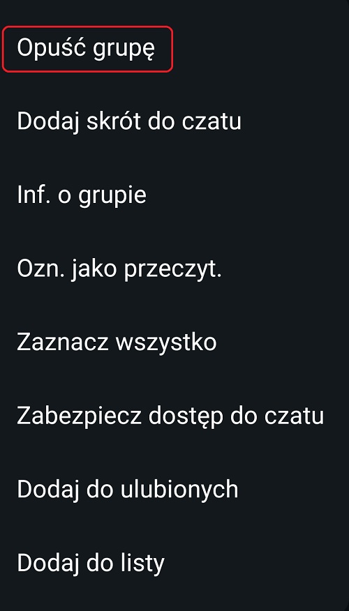 W menu zarządzania czatami znajdziemy opcję opuszczenia grupy. Źródło: własne.