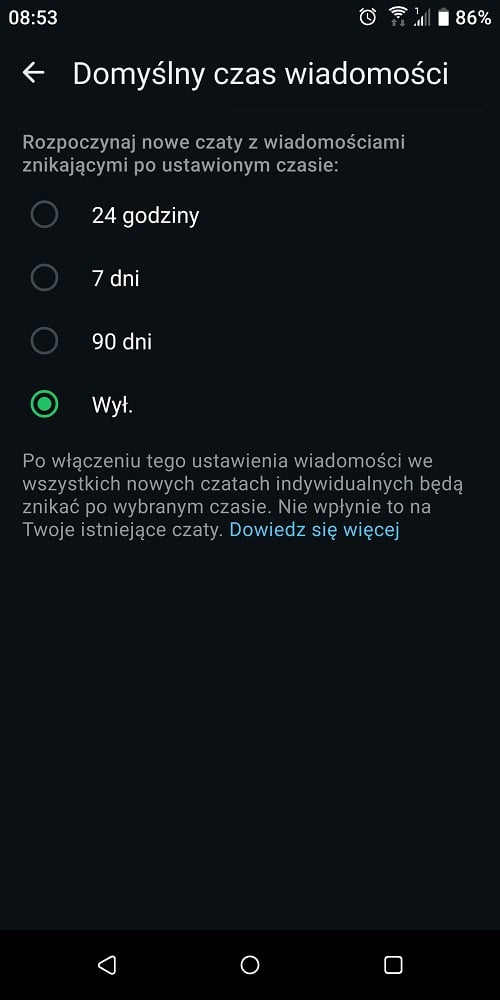 WhatsApp pozwala włączyć znikające wiadomości w obrębie całego komunikatora. Źródło: własne.