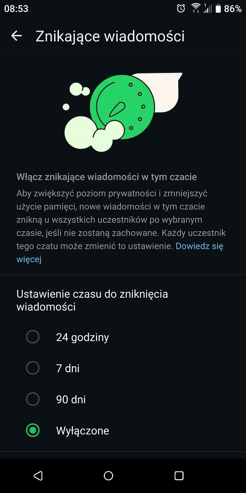 W WhatsAppie możemy aktywować znikające wiadomości również w pojedynczych czatach. Źródło: własne.