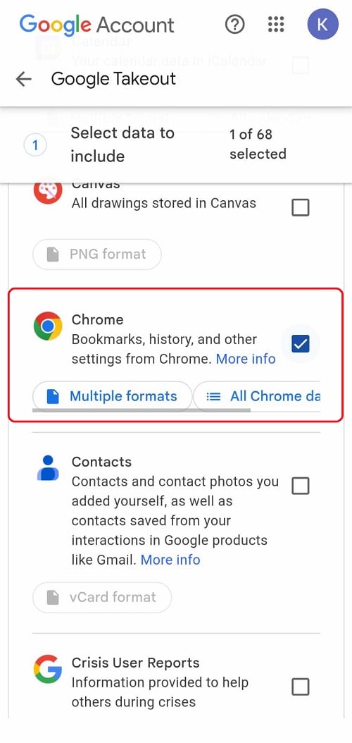 Google Takout to narzędzie, które trzeba wykorzystać do eksportu zakładek mobilnego Chrome’a. Źródło: własne.