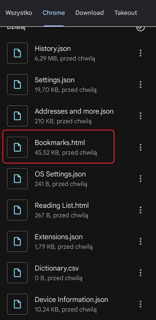 Plik Bookmarks.html to nasze wyeksportowane zakładki mobilne z Google Chrome. Źródło: własne.