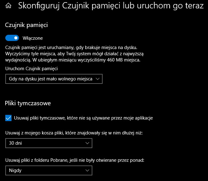 Czujnik pamięci to bezpieczne narzędzie do usuwania niepotrzebnych plików, które zintegrowano z systemem Windows 10. Źródło: własne. - Windows 10 - który cleaner jest najlepszy? Sprawdzamy - wiadomość - 2024-10-10