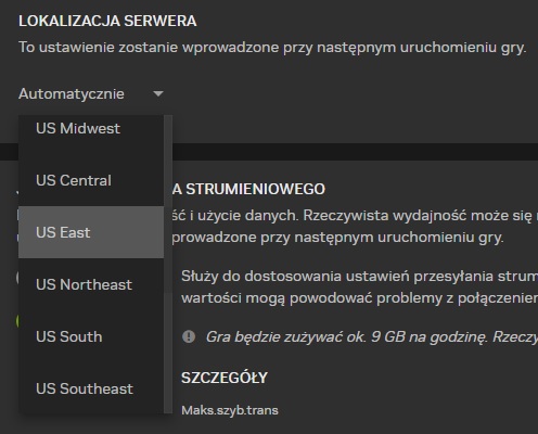 Serwer GeForce Now można wybrać samodzielnie lub skorzystać z automatycznego ustawienia. Źródło: własne / GeForce Now.