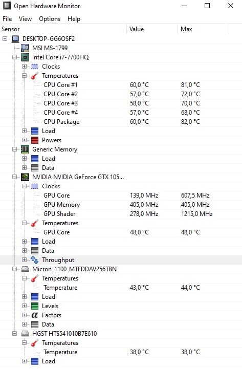 Open Hardware Monitor to jeden z najczęściej polecanych programów do monitorowania temperatury procesora, karty graficznej i innych podzespołów. Źródło: własne.