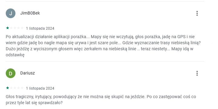 Recenzje użytkowników. Źródło: Google Play. - Google Mapy bombardowane negatywnymi recenzjami. Powodem zastąpienie lektora przez AI - wiadomość - 2024-11-03