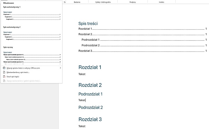 Tworzenie automatycznego spisu treści w programie Word. Źródło: własne. - Word - automatyczny spis treści. Jak zrobić? Podpowiadamy - wiadomość - 2025-01-06