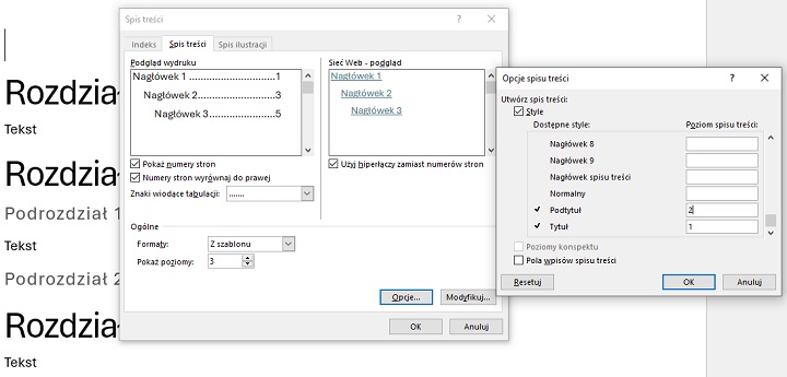 Nadawanie stylom poziomu spisu treści w programie Word. Źródło: własne. - Word - automatyczny spis treści. Jak zrobić? Podpowiadamy - wiadomość - 2025-01-06