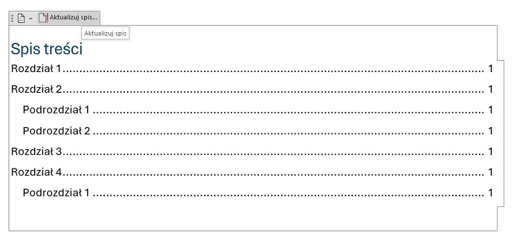 Aktualizacja spisu treści w Wordzie to kwestia jednego kliknięcia. Źródło: własne. - Word - automatyczny spis treści. Jak zrobić? Podpowiadamy - wiadomość - 2025-01-06