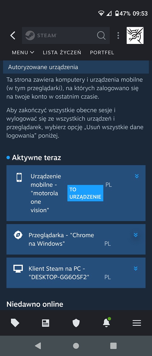 W aplikacji mobilnej Steam możemy sprawdzić wszystkie urządzenia, z którymi połączone jest nasze konto. Źródło: własne / Steam.