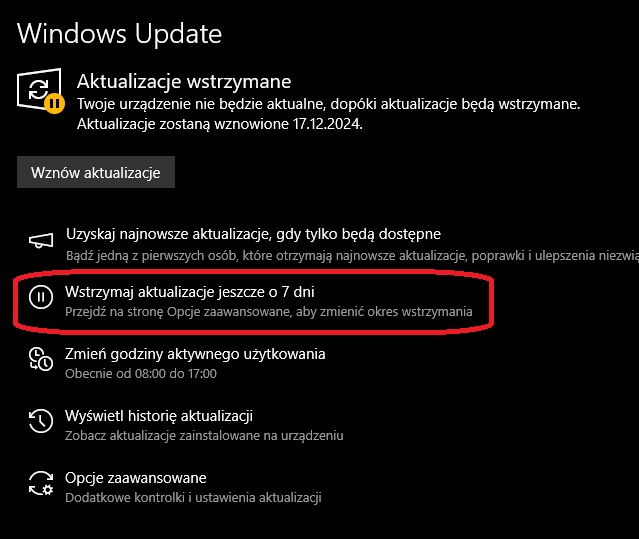 System Windows 10 oferuje możliwość wstrzymania aktualizacji na 7 dni. Źródło: własne.