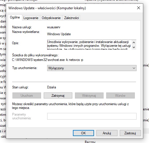 Korzystając z Usług, możemy zatrzymać aktualizacje systemu Windows. Źródło: własne.
