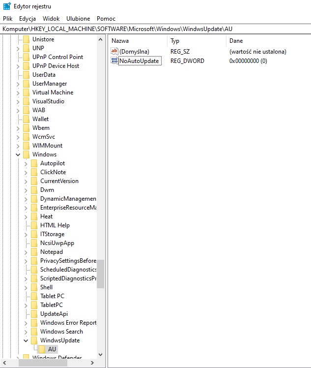 Edytor rejestru systemu Windows również pozwala zatrzymać aktualizacje. Źródło: własne.