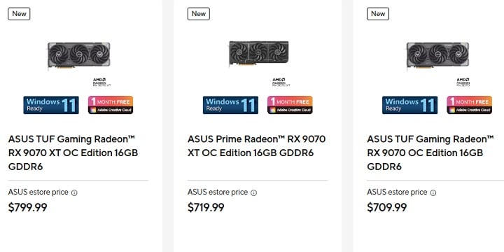 Ceny RX-ów. Źródło: Asus. - RTX 5090 i RX 9070 będą droższe; Asus podnosi ceny najnowszych kart graficznych - wiadomość - 2025-03-17