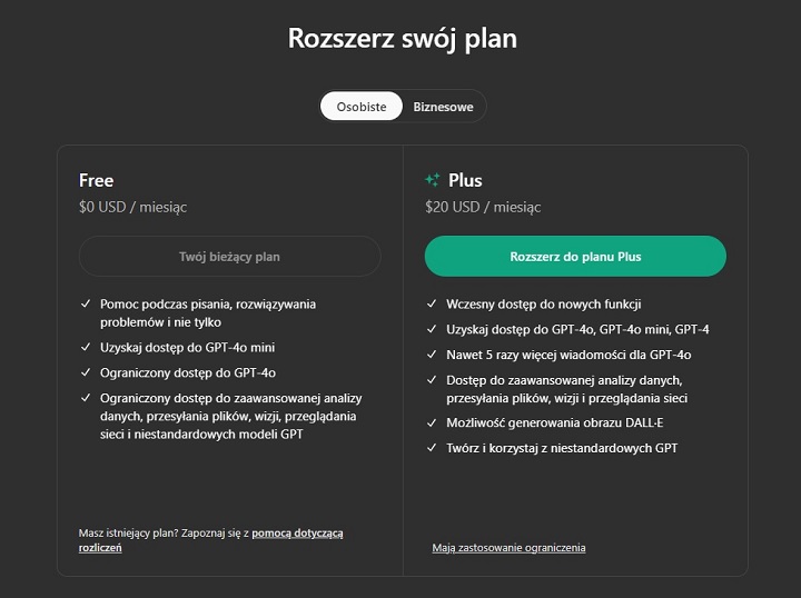 Bardziej zaawansowani użytkownicy ChataGPT mogą sięgnąć do portfela. Źródło: ChatGPT | OpenAI. - Jak korzystać z ChatGPT 4? Odpowiadamy - wiadomość - 2024-08-19