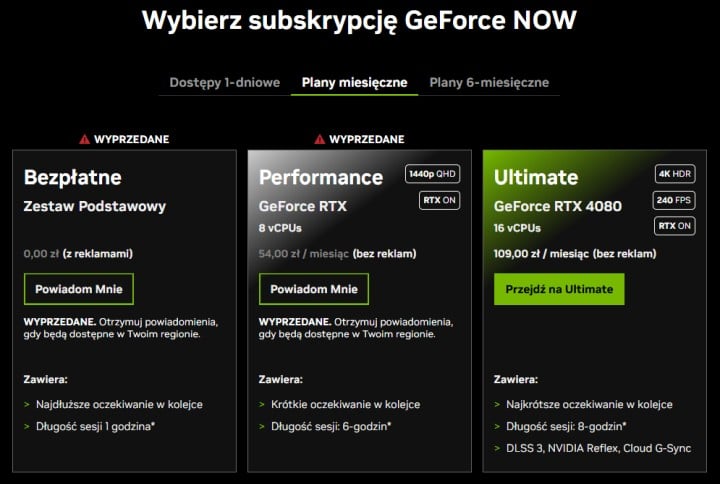 Obecnie nie można wybrać części planów GeForce Now. Źródło: Nvidia - GeForce Now niemal się wyprzedało; Nvidia twierdzi, że zainteresowanie jest tak duże - wiadomość - 2025-01-21