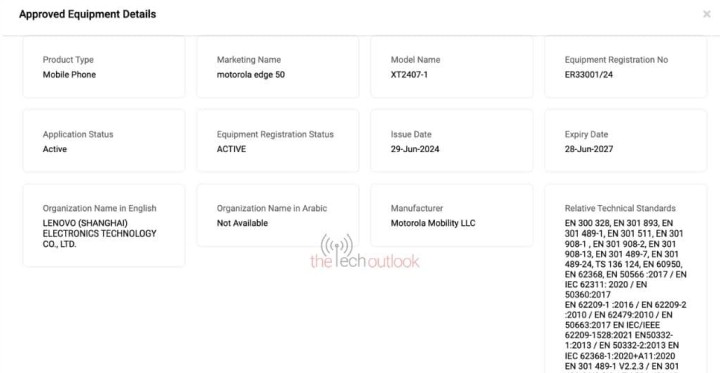 Rejestracja modelu Edge 50. | Źródło: TheTechOutlook - Motorola Edge 50 jednak nadchodzi i może naprawić błędy poprzednika - wiadomość - 2024-07-02